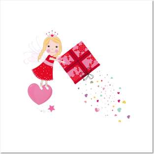 Cute fairy tale holding a gift box with hearts Posters and Art